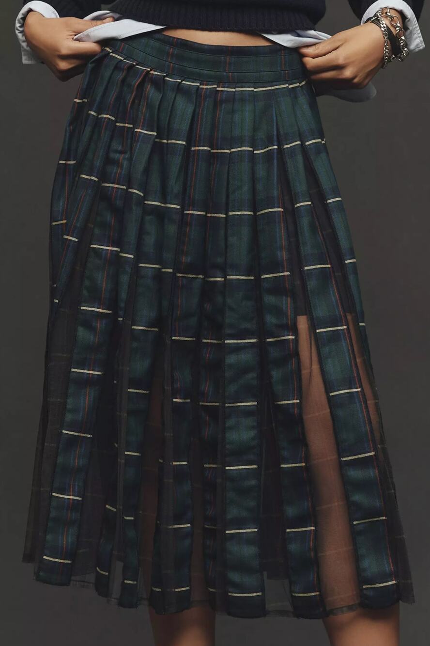 NWT Anthropologie Maeve Pleated Tulle Plaid Sheer Knee-Length Skirt • Size S